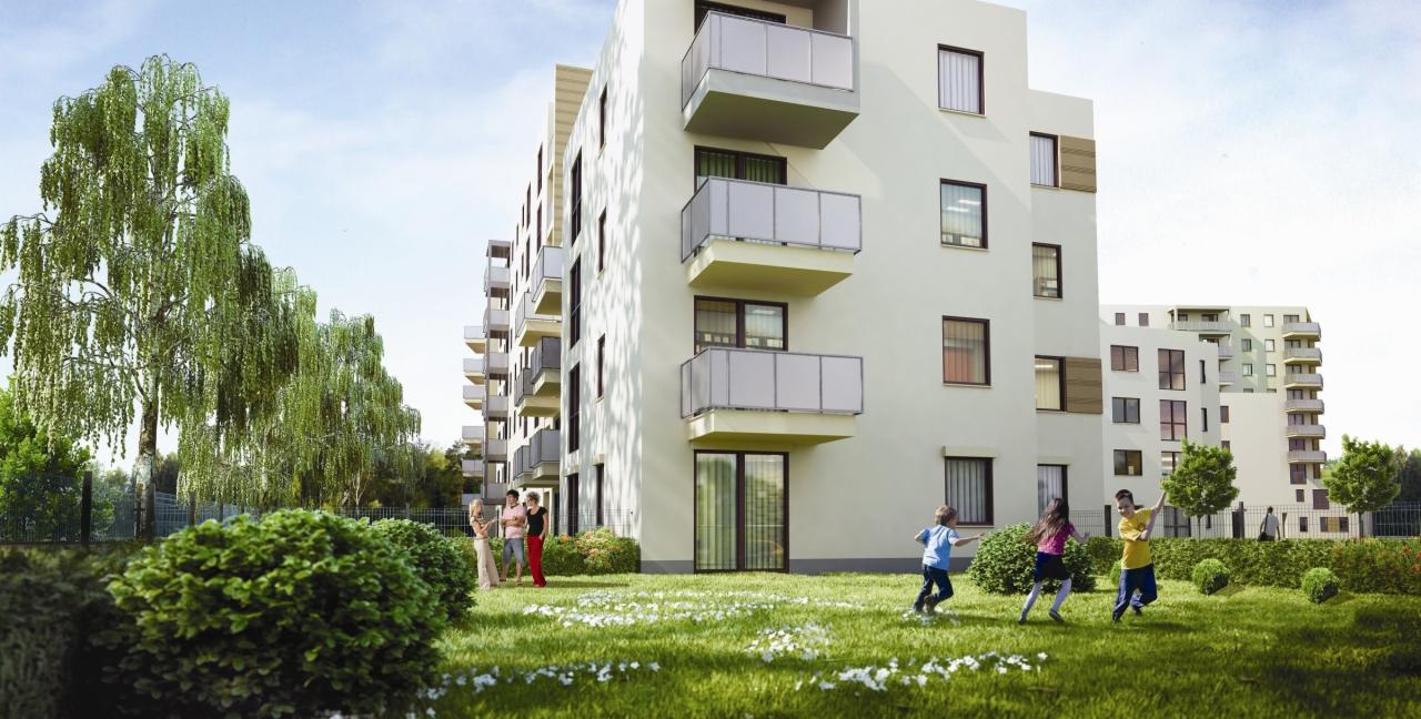 Nowoczesny budynek wielorodzinny z balkonami, otoczony zielenią i bawiącymi się dziećmi, prezentowany w słoneczny dzień. Architektura minimalistyczna.