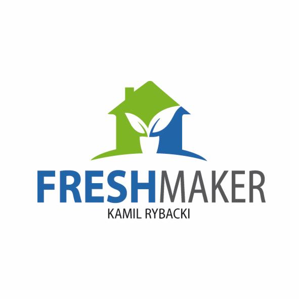 Logo firmy Freshmaker: zielony dach domu, niebieska doniczka z liśćmi, niebieski napis FRESHMAKER i imię Kamil Rybacki pod spodem.