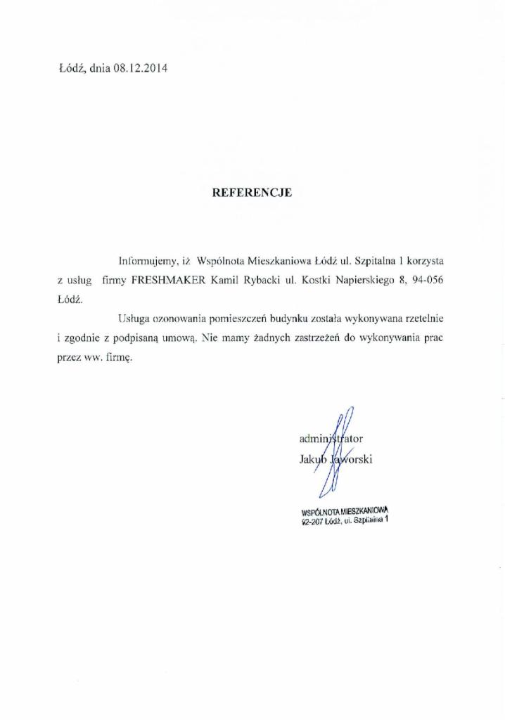 Skan dokumentu referencyjnego dla firmy FRESHMAKER z Łodzi, datowany na 08.12.2014, potwierdzający rzetelne wykonanie usługi ozonowania pomieszczeń budynku.