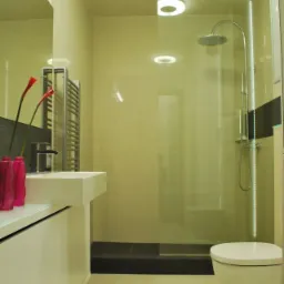 Nowoczesna łazienka z kabiną prysznicową typu walk-in, umywalką nablatową, grzejnikiem drabinkowym i akcentami w postaci różowych kwiatów kalii w wazonie.