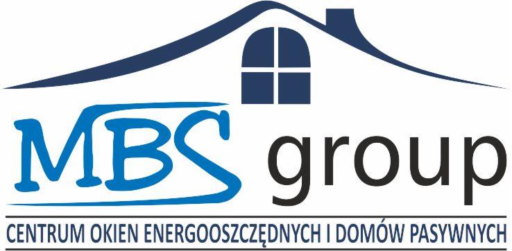 Logo firmy z Kielc: MBS group, centrum okien energooszczędnych i domów pasywnych. Grafika z motywem domu i okna.