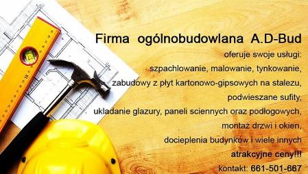 Wizytówka firmy A.D-Bud z ofertą: szpachlowanie, malowanie, tynkowanie, zabudowy KG, podwieszane sufity, glazura, panele, montaż drzwi i okien, docieplenia.