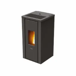 Czarny piec na pellet z płomieniem widocznym przez małe okienko, ustawiony na białym tle.