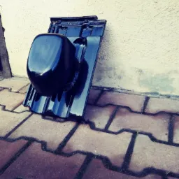 Błyszcząca, czarna dachówka ceramiczna z kominkiem wentylacyjnym leżąca na brukowanej powierzchni, oparta o jasną ścianę. Widoczne detale faktury dachówki i bruku.