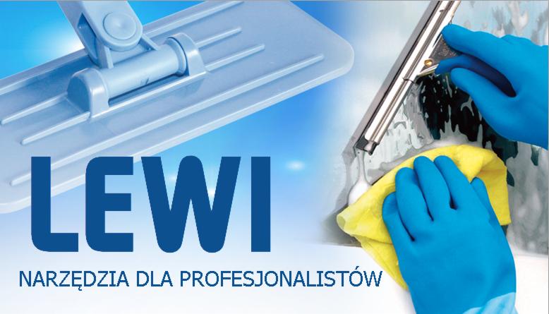 Narzędzia LEWI: niebieski mop i ściągaczka w akcji. Żółta ścierka w dłoni w niebieskiej rękawicy wyciera szybę. Narzędzia dla profesjonalistów.