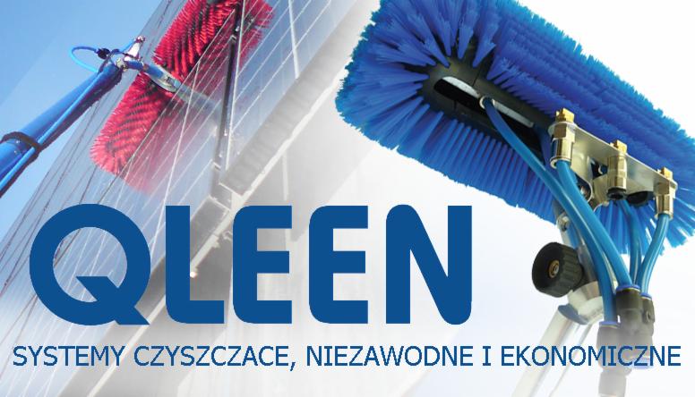 Szczotki do mycia paneli słonecznych marki QLEEN, systemy czyszczące, niezawodne i ekonomiczne. Zestaw z niebieskimi i czerwonymi włosiami, zbliżenie na detale.