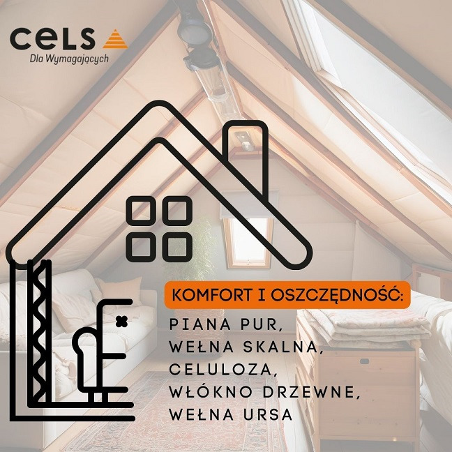 Grafika reklamowa prezentująca ocieplone poddasze z widocznym oknem dachowym, logo firmy CELS oraz listą materiałów izolacyjnych: Piana PUR, Wełna Skalna, Celuloza, Włókno Drzewne, Wełna Ursa.