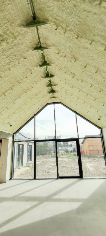 Poddasze domu z widoczną warstwą ocieplenia pianką PUR, przymocowaną plastikowymi kołkami, duże okno z czarnymi ramami z widokiem na ogród.