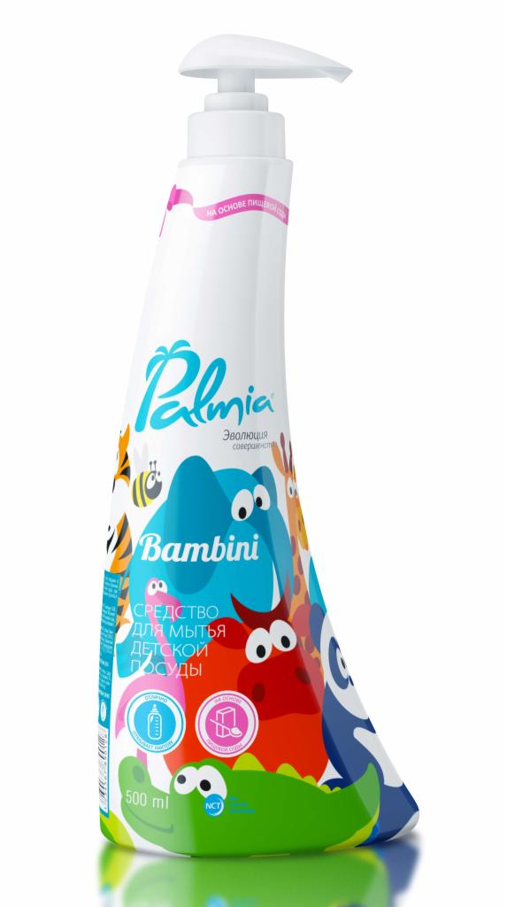 Butelka płynu do mycia naczyń dla dzieci Palmia Bambini z rysunkami zwierząt, na bazie składników spożywczych. Pojemność 500 ml.