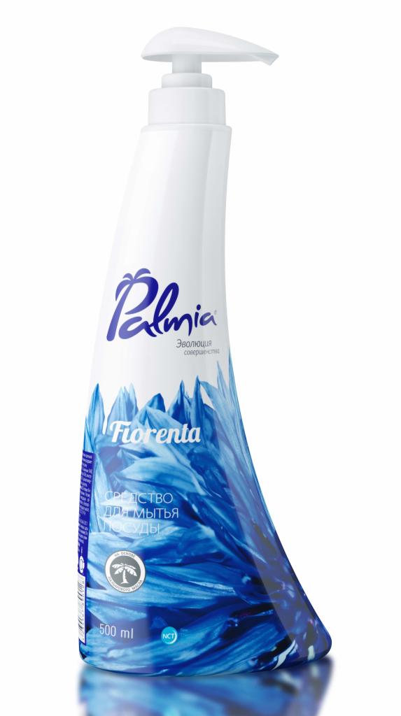 Butelka płynu do mycia naczyń Palmia Fiorenta z pompką, białe tło, niebieskie motywy kwiatowe na etykiecie, napis 500 ml. Środek czyszczący do naczyń.