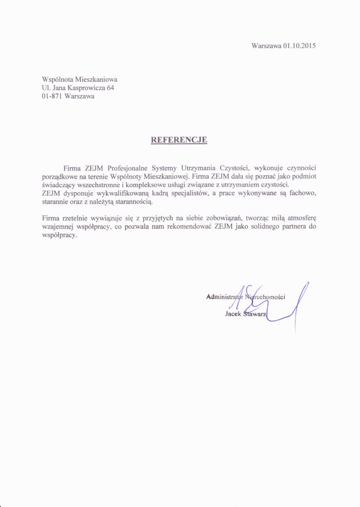 Skan dokumentu referencyjnego dla firmy ZEJM, świadczącej usługi utrzymania czystości. Datowany na 01.10.2015, podpisany przez Administratora Nieruchomości, Jacka Stawarza.
