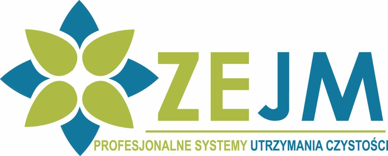 Logo firmy ZEJM: zielono-niebieski kwiat i napis 'ZEJM PROFESJONALNE SYSTEMY UTRZYMANIA CZYSTOŚCI' na białym tle. Minimalistyczny design, czcionka bezszeryfowa.