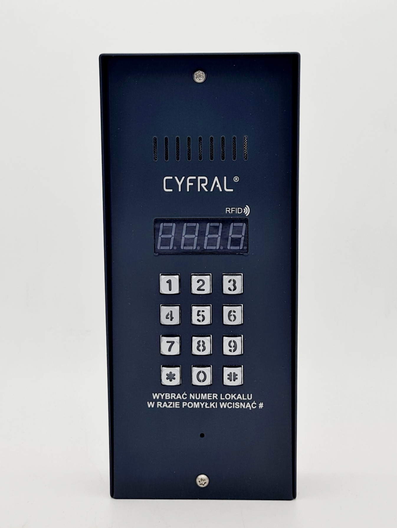 Panel wejściowy z klawiaturą numeryczną i czytnikiem RFID, w kolorze antracytowym, marki Cyfral, z wyświetlaczem LED i instrukcją obsługi.