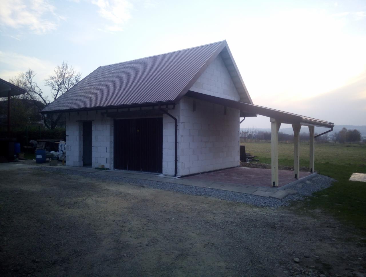 Niedokończony budynek gospodarczy z brązowym dachem i zadaszeniem wspartym na drewnianych słupach, widoczne bloczki betonowe i teren wokół w trakcie zagospodarowywania.