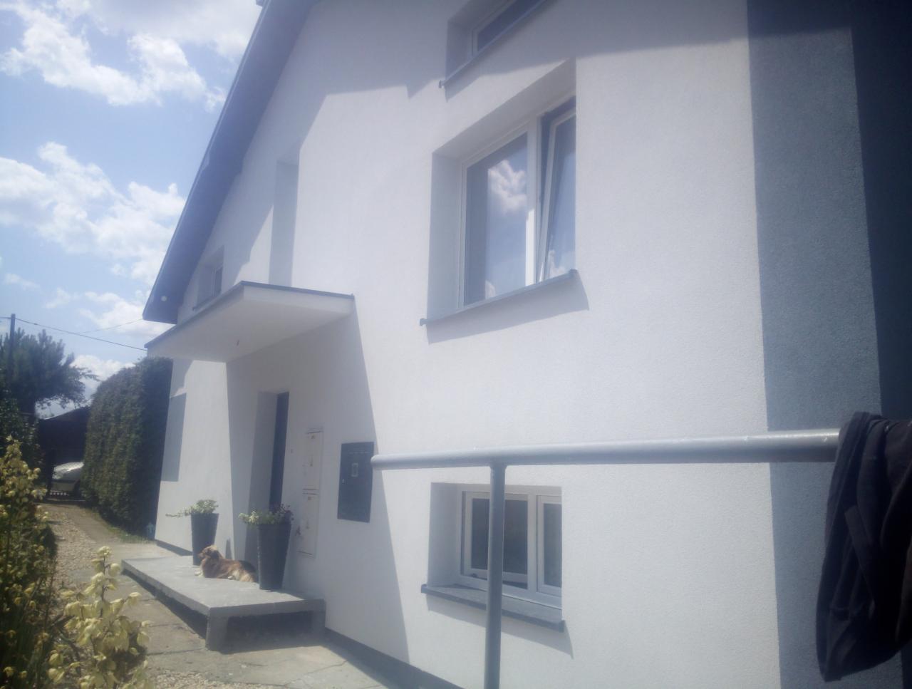 Elewacja domu jednorodzinnego po remoncie, jasna fasada z widoczną strukturą tynku, pies leżący na schodach wejściowych, błękitne niebo z chmurami w tle.