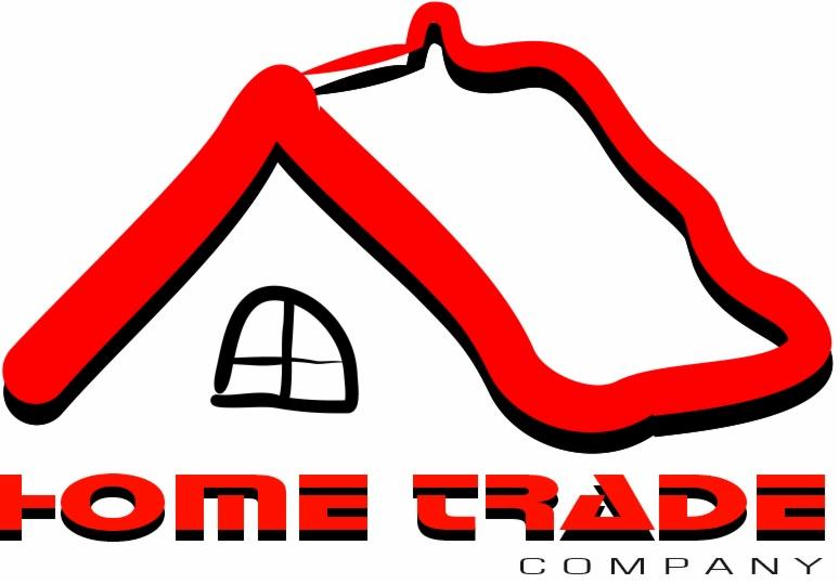 Logo firmy Home Trade Company z czerwonym obrysem domu i czarnym oknem na białym tle. Nazwa firmy w czerwieni z czarnym cieniem.