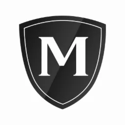 Czarna tarcza z białą literą M w środku, otoczona białą obwódką, logo firmy.