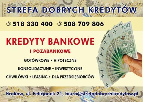 Oferta 'Strefy Dobrych Kredytów': kredyty bankowe i pozabankowe (gotówkowe, hipoteczne, konsolidacyjne, inwestycyjne). Kontakt: 518 330 400, 508 709 806.