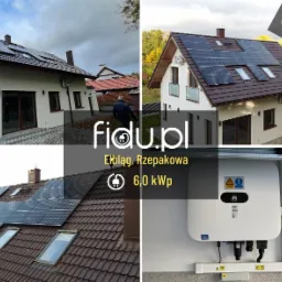 Dom jednorodzinny z zainstalowanymi panelami słonecznymi na dachu, widok z różnych perspektyw, w tle logo firmy Fidu.pl Elbląg Rzepakowa i napis 6.0 kWp oraz inwerter Huawei na ścianie.