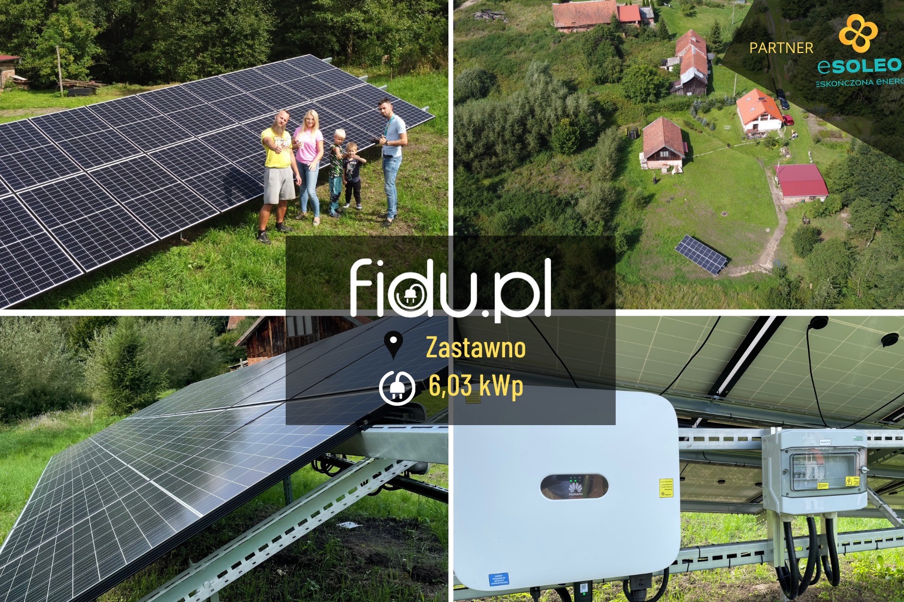 Rodzina podziwia instalację paneli słonecznych na trawiastym terenie obok wiejskiego domu, widok z góry na domy z czerwonymi dachami i logo Fidu.pl oraz Essoleo.