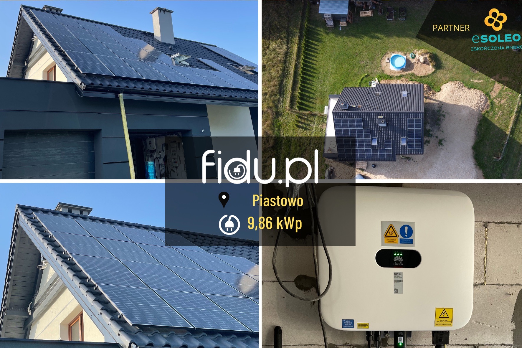 Kompozycja z czterech ujęć: panele słoneczne na dachu domu jednorodzinnego z różnych perspektyw, widok z góry na dom z panelami i podwórko z basenem, oraz zbliżenie na biały inwerter Huawei...