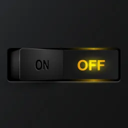 Czarny przełącznik w pozycji OFF, z podświetlonym na żółto napisem OFF i wytłoczonym napisem ON po lewej stronie.