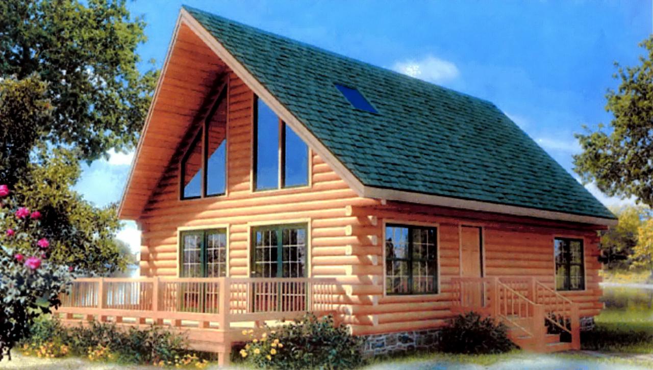 Nowoczesny dom z bali z zielonym dachem i dużymi oknami, otoczony zielenią. Widoczny taras z drewnianą balustradą. Dom na fundamencie z kamienia.