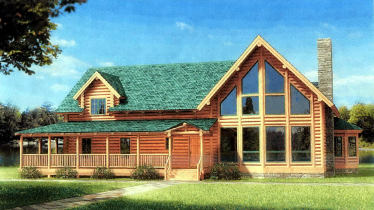 Wizualizacja domu z bali z zielonym dachem i dużymi oknami, otoczony trawnikiem i drzewami. Projekt architektoniczny z kominem z kamienia.