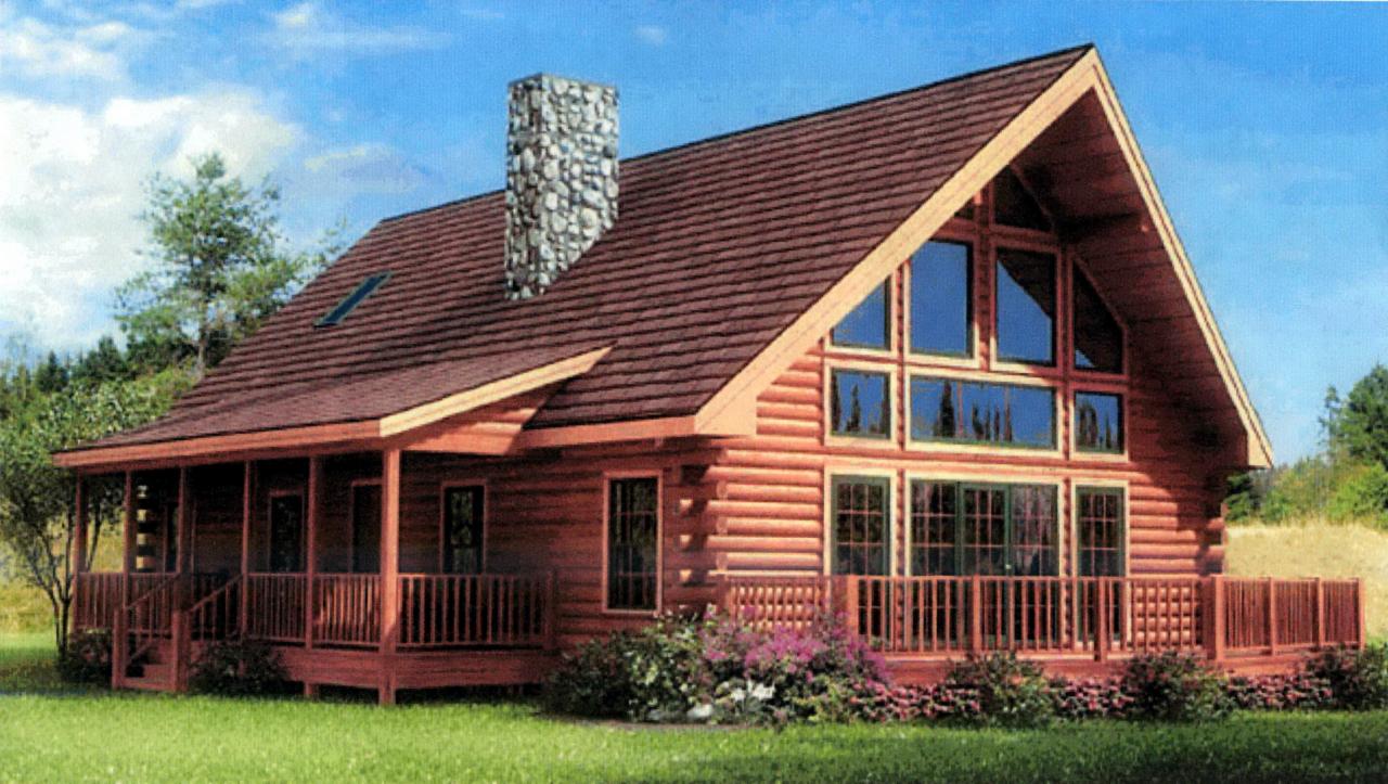 Urokliwy dom z bali z kamiennym kominem i dużymi oknami, otoczony zielenią, prezentuje rustykalny styl i solidne wykonanie.