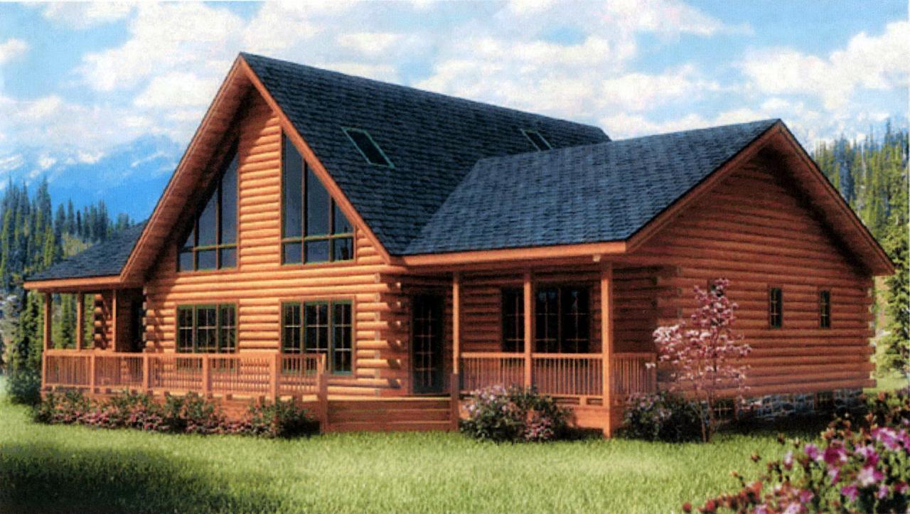 Dwukondygnacyjny dom z bali z ciemnym dachem i dużymi oknami, otoczony zielenią. Widoczne góry w tle i weranda z balustradą.