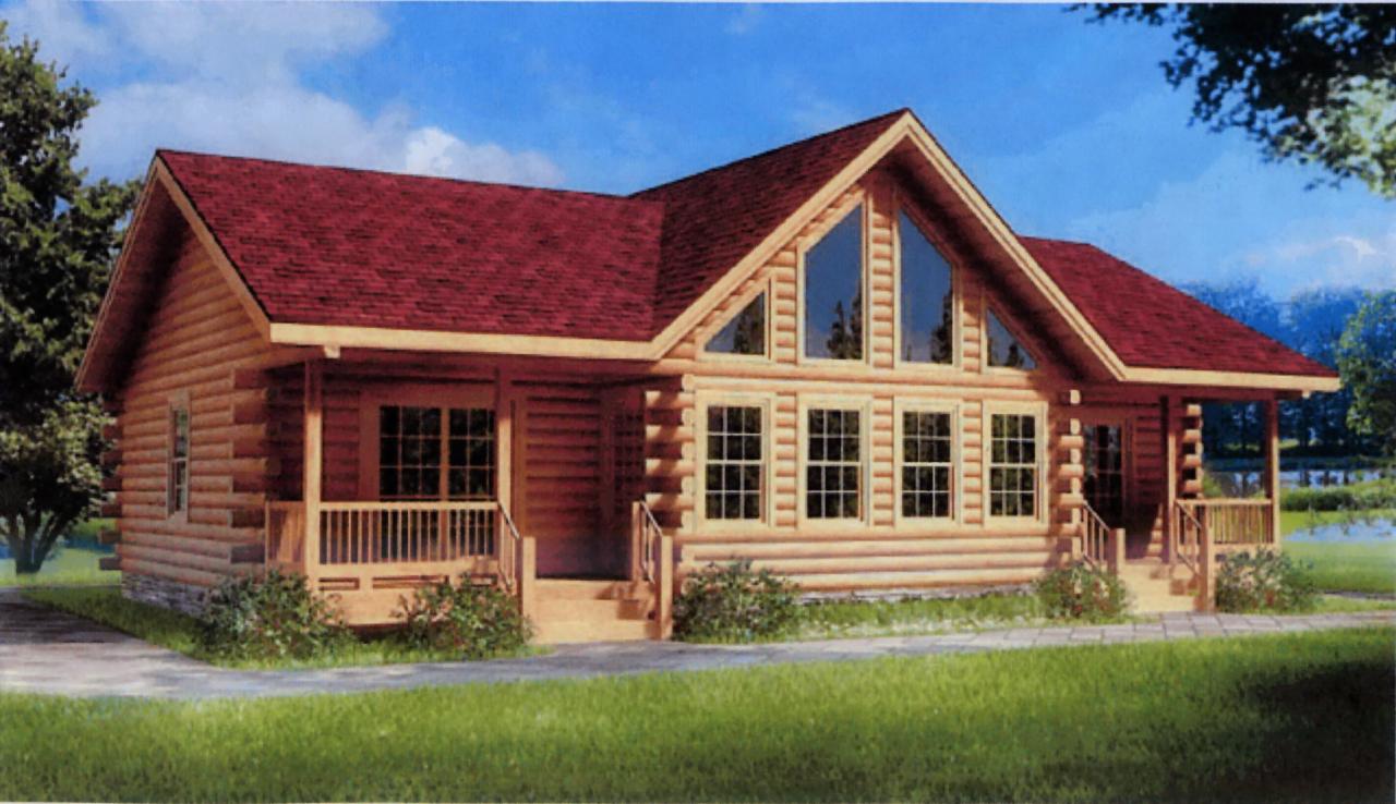 Dwukondygnacyjny, gotowy dom z bali z czerwonym dachem, z widocznymi oknami i werandą, otoczony zielenią. Ujęcie z poziomu gruntu, w słoneczny dzień.