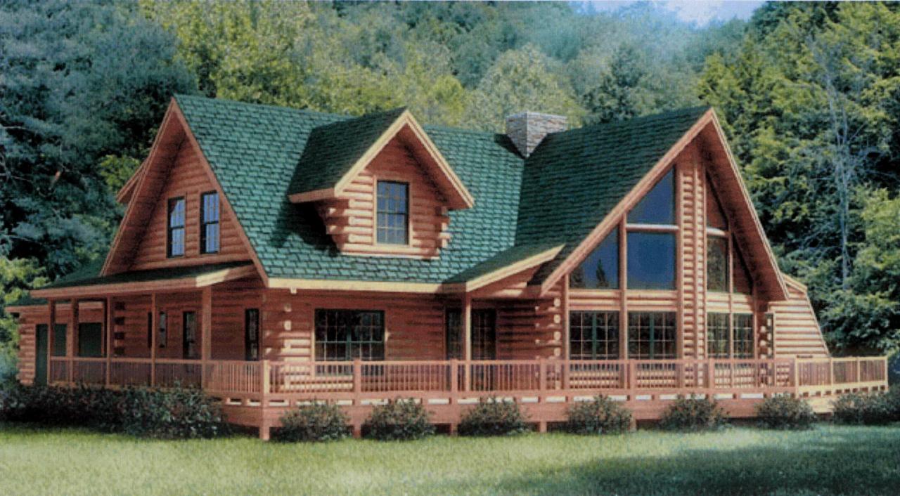 Dwukondygnacyjny dom z bali z zielonym dachem i kamiennym kominem, otoczony lasem. Widoczna weranda z drewnianą balustradą i liczne okna.