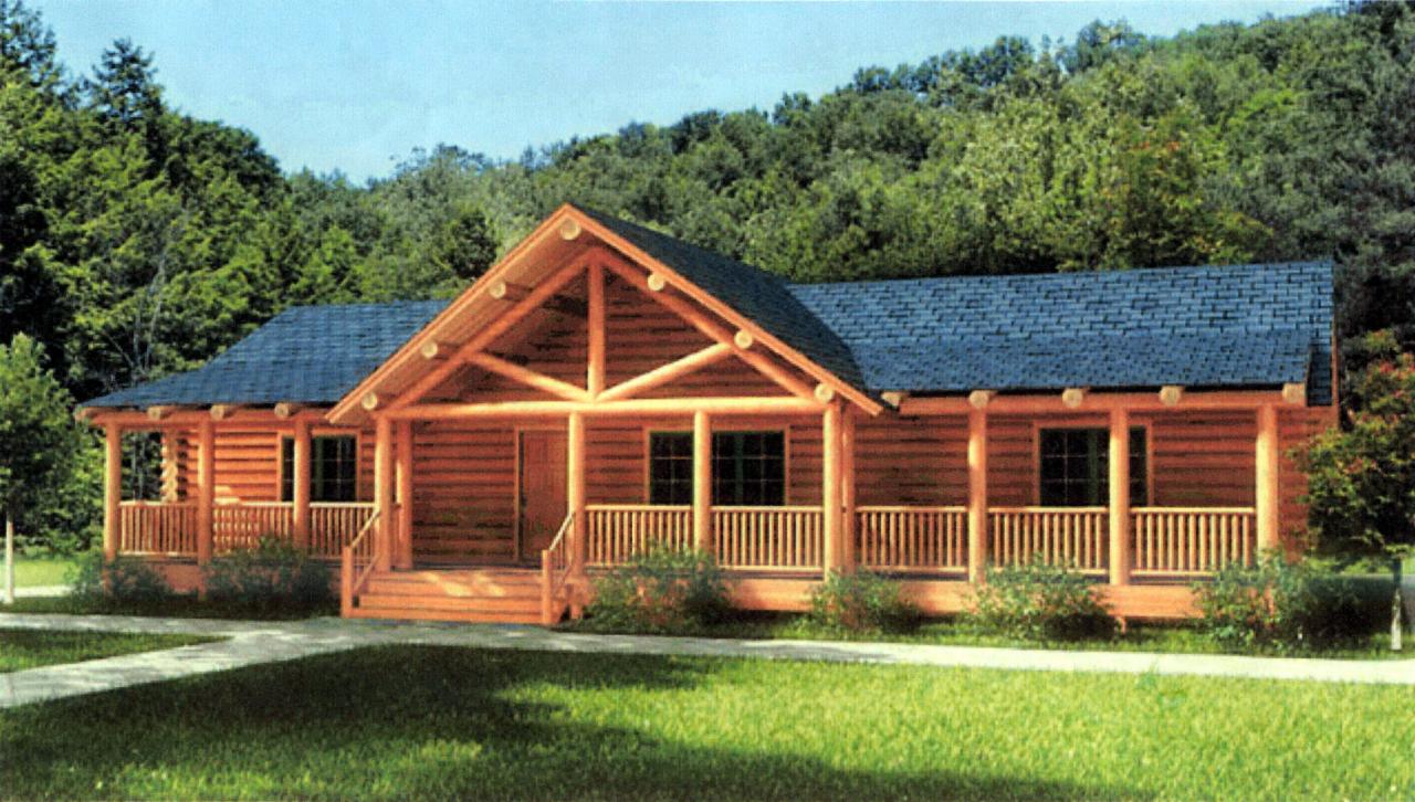 Parterowy dom z bali z ciemnym dachem i werandą, otoczony zielenią. Konstrukcja z drewnianych bali, widoczne detale wykończenia. Tło stanowi las.