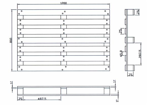 Techniczny rysunek palety drewnianej z wymiarami w milimetrach; widok z góry, z boku i z przodu. Schemat montażu i dokładne specyfikacje konstrukcyjne.