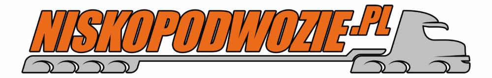 Logo firmy niskopodwozie.pl przedstawiające pomarańczowy napis na szarym obrysie naczepy niskopodwoziowej z ciągnikiem siodłowym