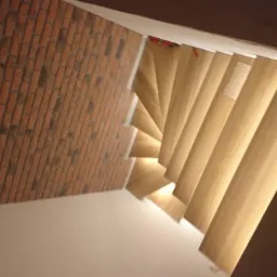 Widok z góry na drewniane schody z podświetleniem LED, kontrastujące z ceglaną ścianą i białym sufitem.
