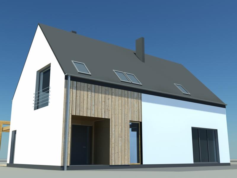 Wizualizacja 3D nowoczesnego domu jednorodzinnego z białymi ścianami, drewnianą elewacją i szarym dachem z oknami dachowymi na tle błękitnego nieba.