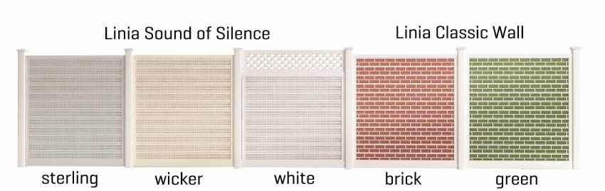 Paleta kolorów paneli ogrodzeniowych Linia Sound of Silence (sterling, wicker, white) i Linia Classic Wall (brick, green) z białymi słupkami.