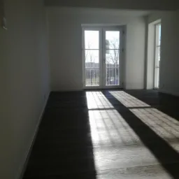 Pusty pokój z nową, ciemną podłogą z desek, światło słoneczne wpadające przez balkonowe drzwi z białymi ramami, widok na zewnątrz na drzewa.