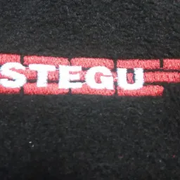 Czarne tło z wyhaftowanym, białym napisem 'STEGU' obramowanym czerwoną nicią. Detal haftu na tkaninie z bliska.