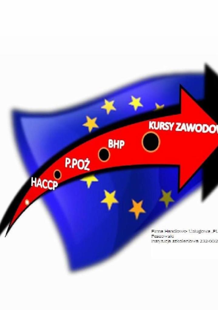 Grafika: czerwona strzałka z napisem 'Kursy Zawodowe' i oznaczenia BHP, P.POŻ, HACCP na tle flagi UE z gwiazdami. Reklama szkoleń zawodowych z zakresu bezpieczeństwa.