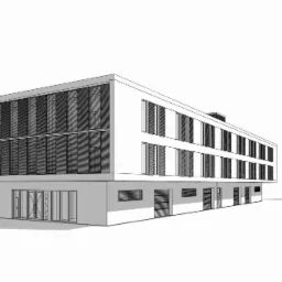 Wizualizacja 3D dwukondygnacyjnego budynku usługowego z przeszkloną fasadą i żaluzjami, prezentowana w minimalistycznej stylistyce.