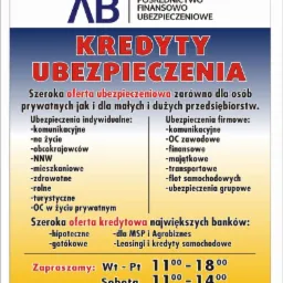Plakat informacyjny pośrednictwa finansowego i ubezpieczeniowego AB z ofertą kredyt&oacute;w i ubezpieczeń dla firm i os&oacute;b prywatnych. Godziny otwarcia i adresy e-mail.