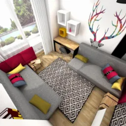 Wnętrze pokoju młodzieżowego z szarą sofą, biurkiem z krzesłem i wzorzystym dywanem, widziane z góry. Na ścianie dekoracja z motywem jelenia i półki.
