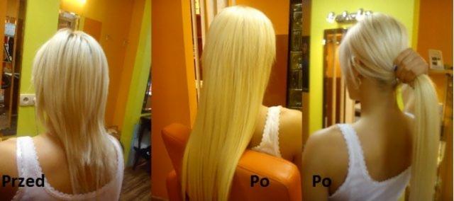 Blond włosy przedłużone i upięte w kucyk, widok z tyłu. Porównanie 'przed' (krótsze) i 'po' (dłuższe, kucyk) na tle pomarańczowo-żółtego wnętrza salonu.