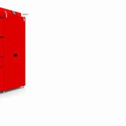 Nowoczesny, czerwono-biały kocioł z czterema drzwiczkami, prezentowany na białym tle.