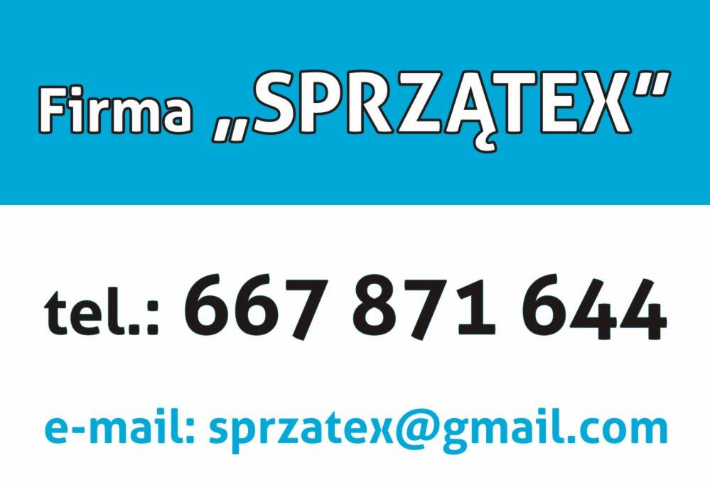 Logo firmy sprzątającej SPRZĄTEX z numerem telefonu 667 871 644 i adresem e-mail sprzatex@gmail.com, nazwa firmy na niebieskim tle.