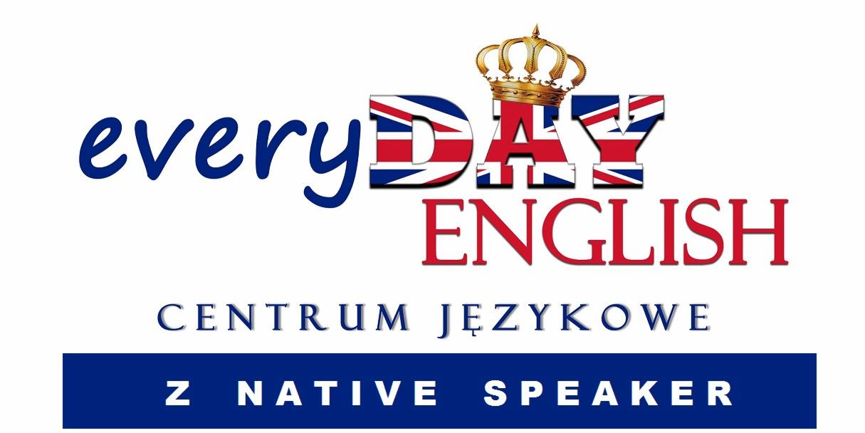 Logo szkoły językowej 'everyDAY English' w Suchej Beskidzkiej, z koroną nad napisem 'DAY' wypełnionym flagą Wielkiej Brytanii.