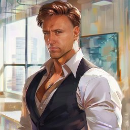 Usługi Internetowe ABCSEO.pl - Digital Solutions Robert Prokop - Cyfrowy portret mężczyzny w białej koszuli i czarnej kamizelce, z łańcuszkiem na szyi, na tle okna z widokiem na miasto w stylu malarskim.