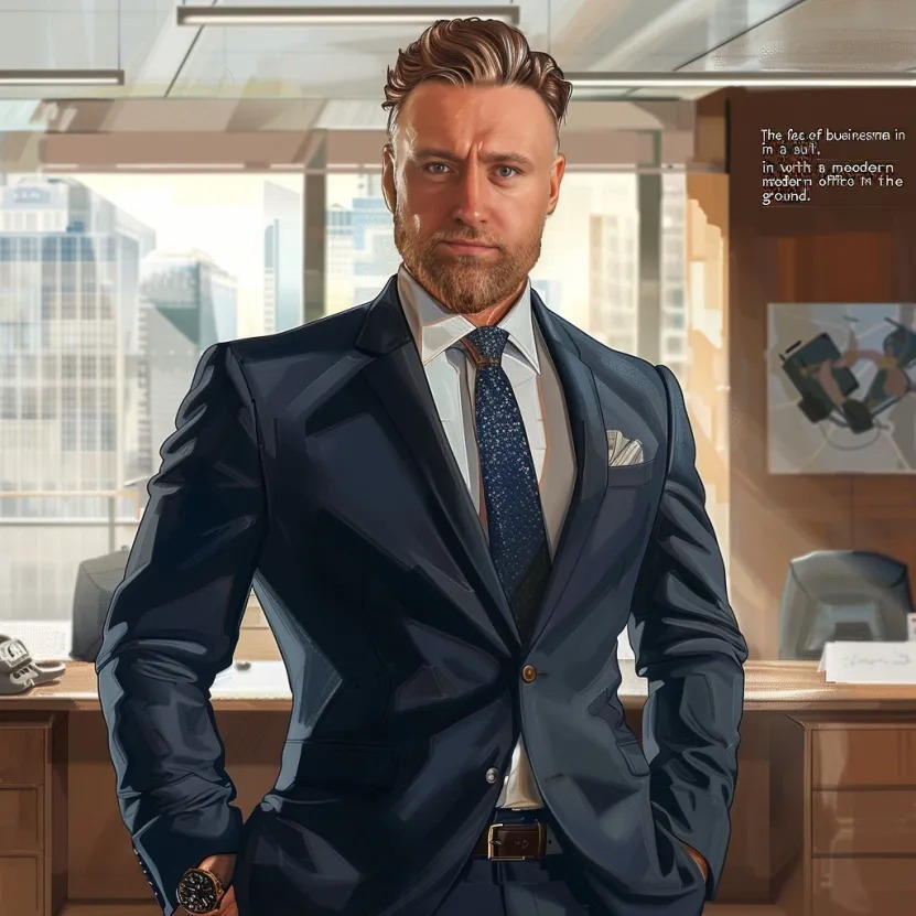 Portret biznesmena w garniturze na tle nowoczesnego biura z widokiem na miasto. Grafika z dbałością o detale, realistyczne odwzorowanie postaci.